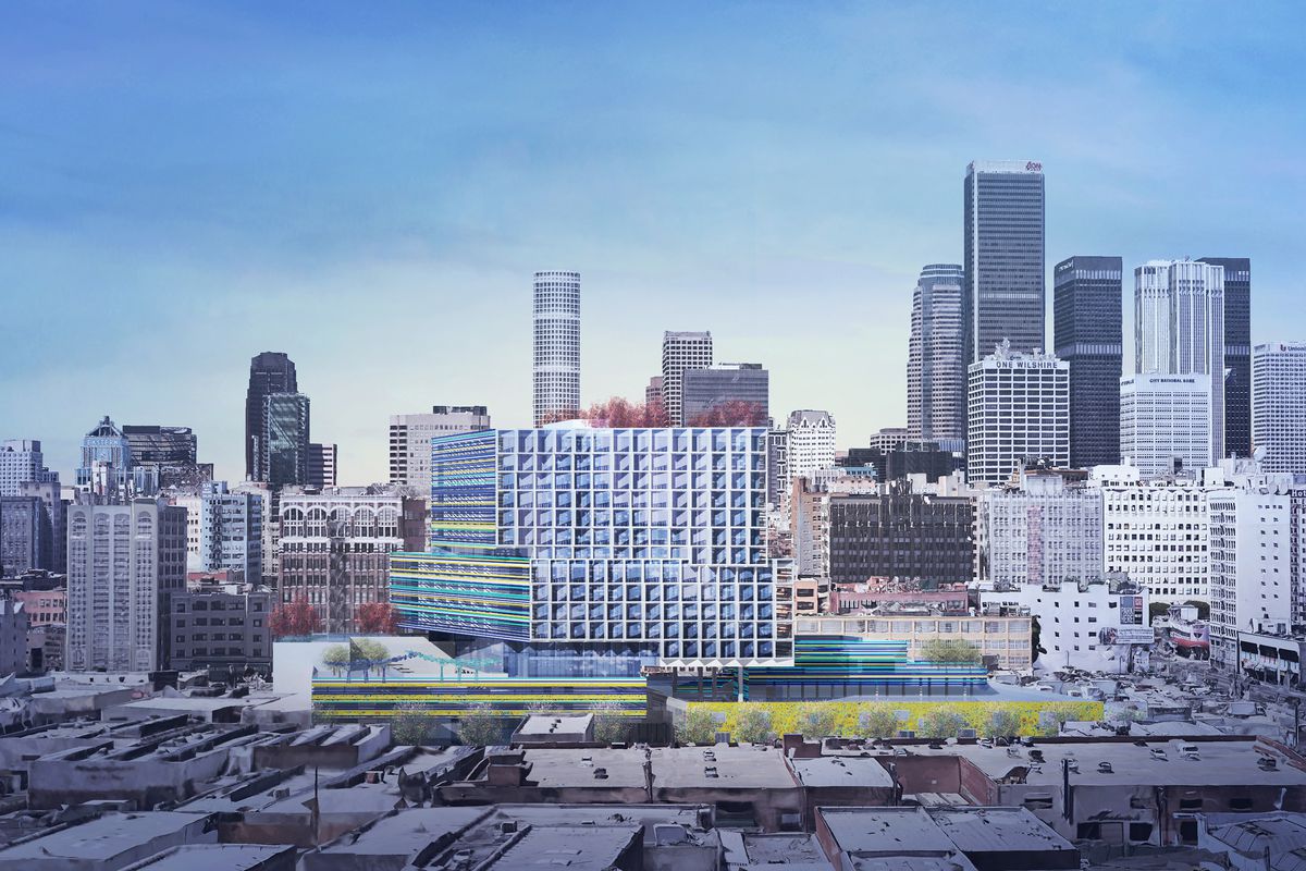 A rendering of the new development, which rises to 15 stories, against the backdrop of the Downtown LA skyline.