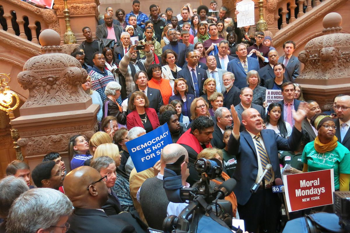 UFT President Michael Mulgrew speaks in the Capitol building in Albany in 2015, where advocates are renewing a push for the state to increase school funding for poorer districts.