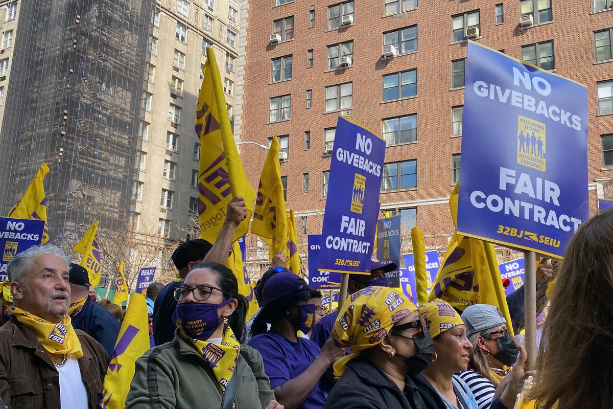 32BJ building workers rally on the Upper East Side before voting to authorize a potential strike, April 13, 2022.