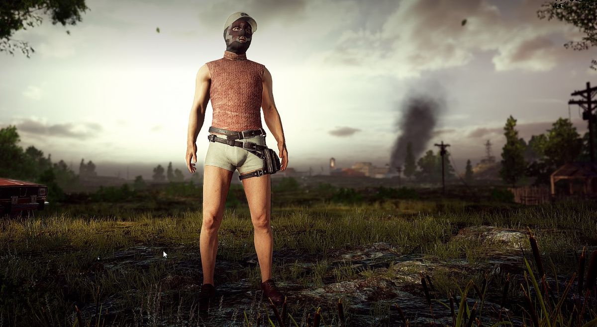 PlayerUnknown’s Battlegrounds - custom character outfit with red sleeveless turtleneck,  ski mask, dad hat and pair of dress shoes