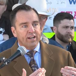 Utah House Speaker Greg Hughes speaks at a rally in Monticello on Thursday, Dec. 29, 2016. Opponents of the new Bears Ears National Monument covering 1.35 million acres in southeast Utah  gathered in front of the Monticello Courthouse to blast President Barack Obama's decision.