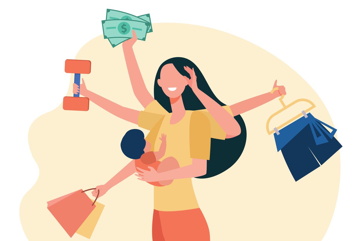 Illustration of a mom with many arms holding symbolic objects like clothes, money, and a child.