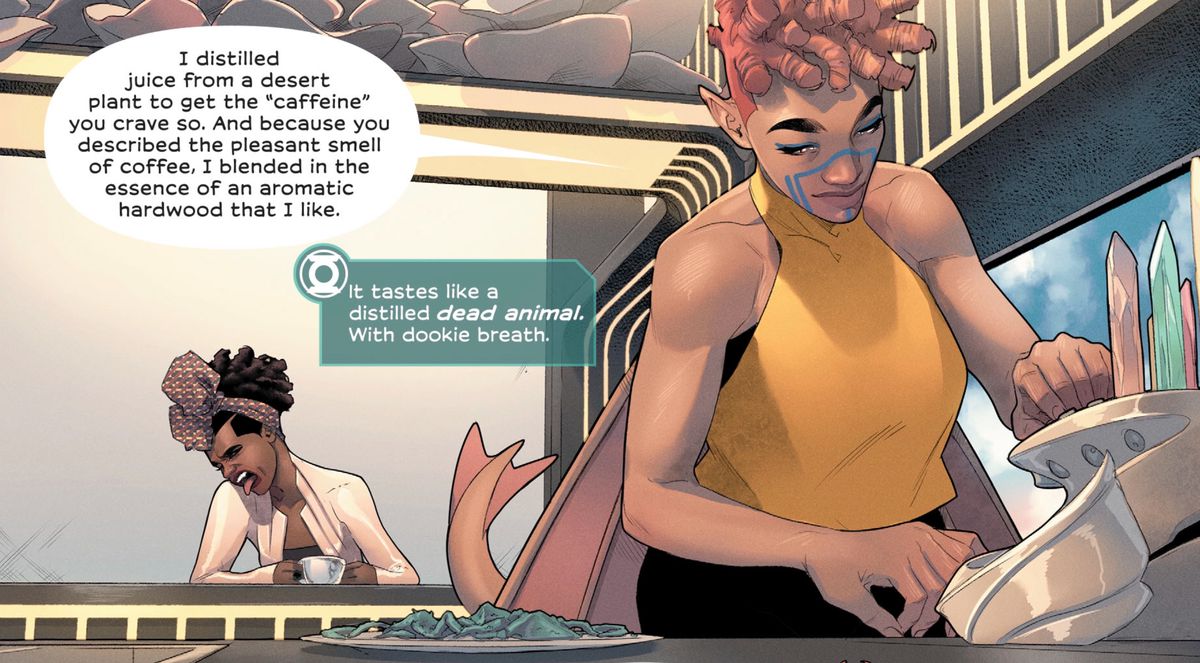 Green Lantern Sojourner Mullein gags behind her alien friend’s back after tasting her attempt at making coffee from a distilled desert plant and “the essence of an aromatic hardwood that I like,” in Far Sector #2, DC Comics