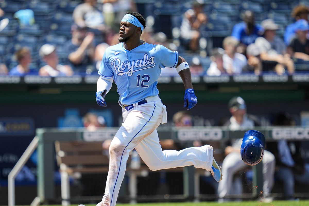 Kansas City Royals right fielder Jorge Soler (12) loses his helmet on his way to score against the Chicago White Sox during the fifth inning at Kauffman Stadium. Mandatory Credit: Jay Biggerstaff