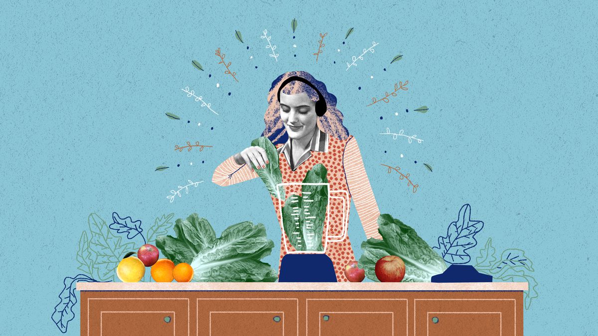 A woman standing at a kitchen island. She’s surrounded by fresh produce and is happily placing vegetables in a still blender while listening to music on headphones. Illustration.
