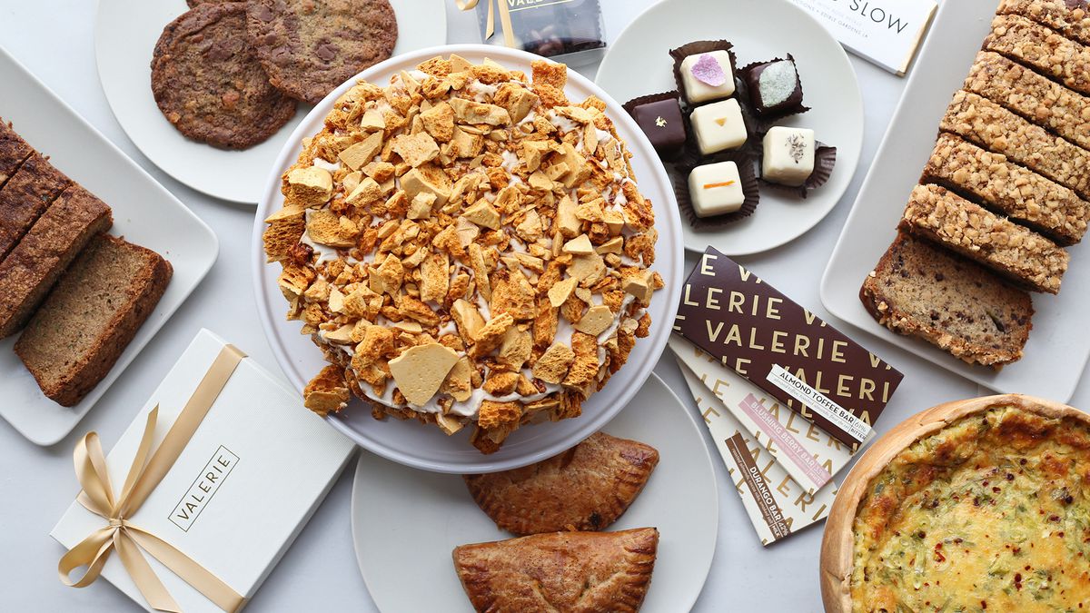 Coffee crunch cake, chocolate bars, petit fours, and more from Valerie Confections. 