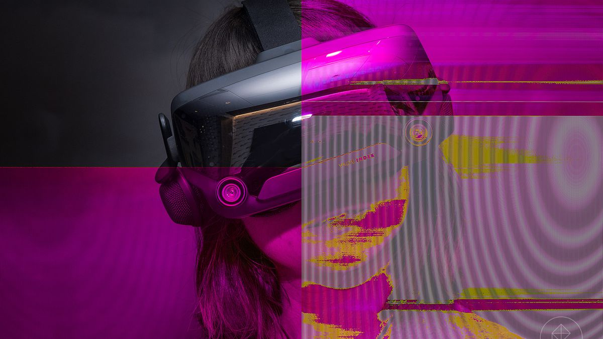 Glitchy, corrupted image of a women wearing a VR headset