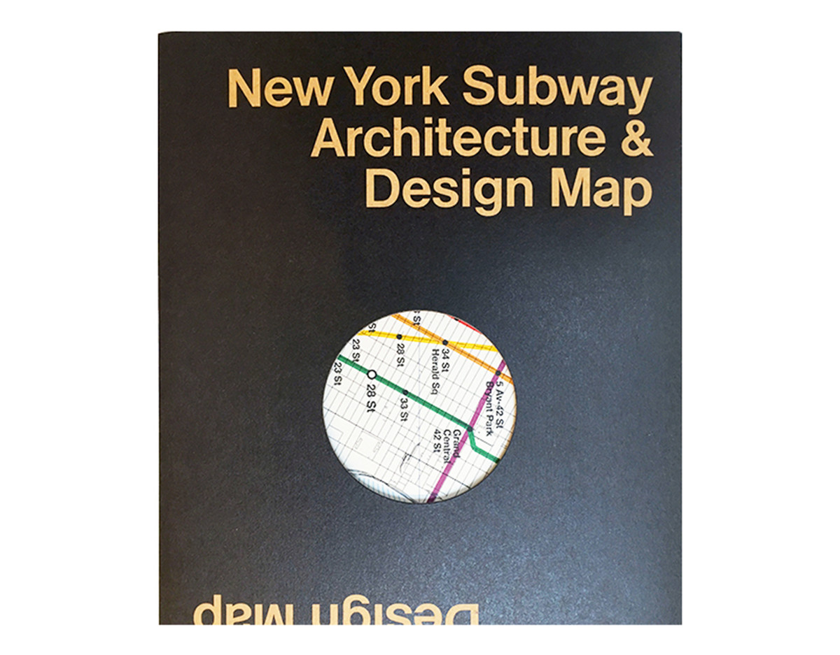 A map folded into a book with a cover that has these words on it: New York Subway Architecture and Design Map.