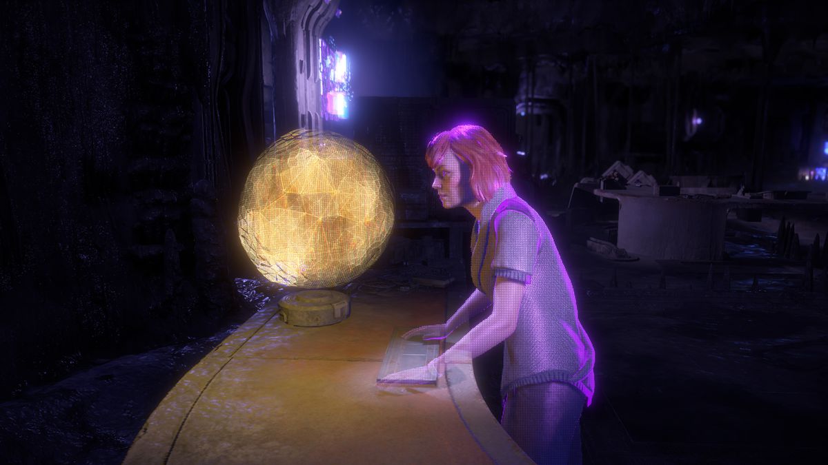 a red-haired woman talks to a hologram of a yellow ball, the representation of Gaia, the Project: Zero Dawn master AI, in Horizon Zero Dawn