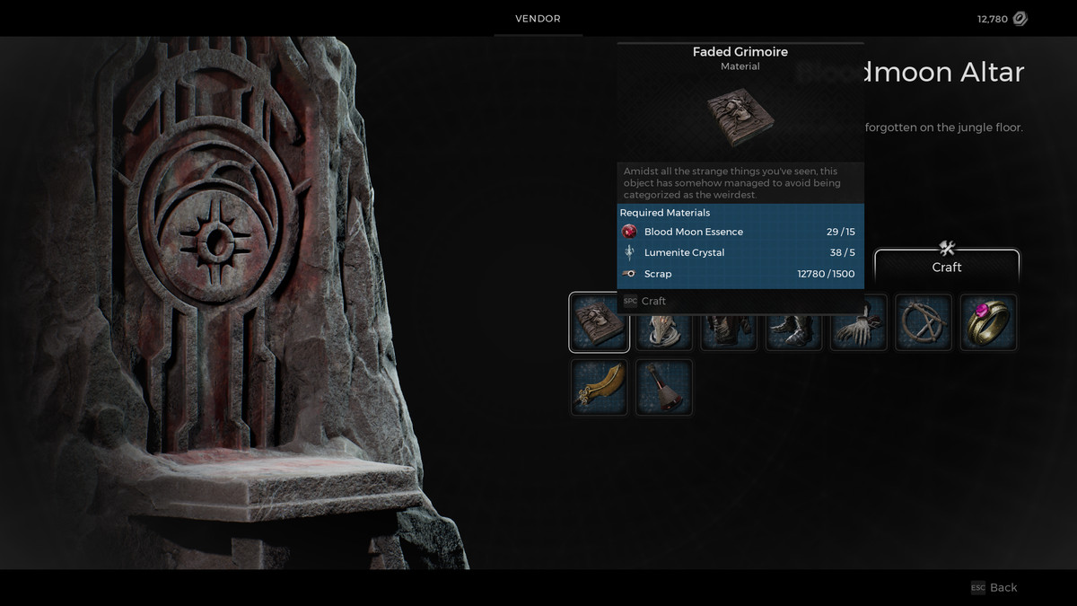 A player purchases the Faded Grimoire from the Bloodmoon Altar in Remnant 2