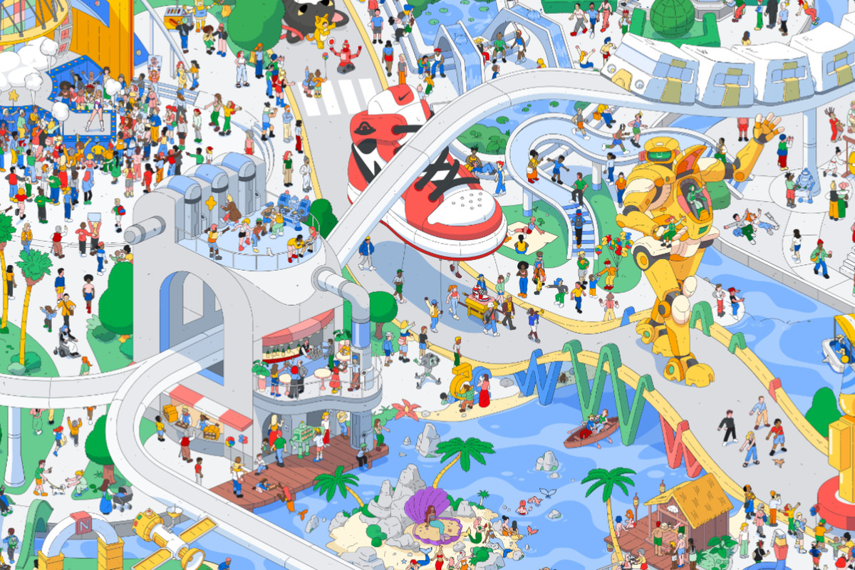 A screenshot of Google’s Search Playground game, which is a busy, colorful scene with a lot of secrets hidden