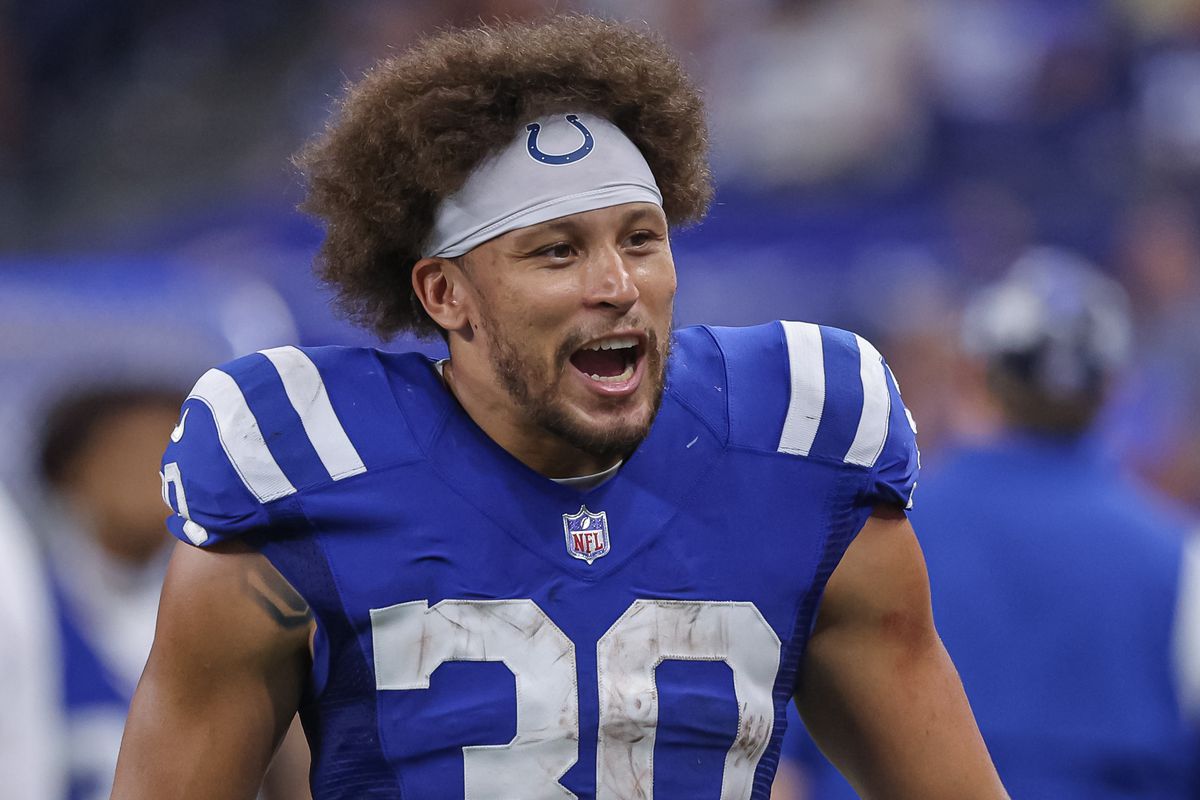 Phillip Lindsay #30 of Indianapolis Colts is seen during the preseason game against the Tampa Bay Buccaneers at Lucas Oil Stadium on August 27, 2022 in Indianapolis, Indiana.