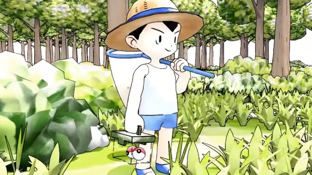 A fan rendition of a Pokémon bug trainer, holding a net in the Kanto woods