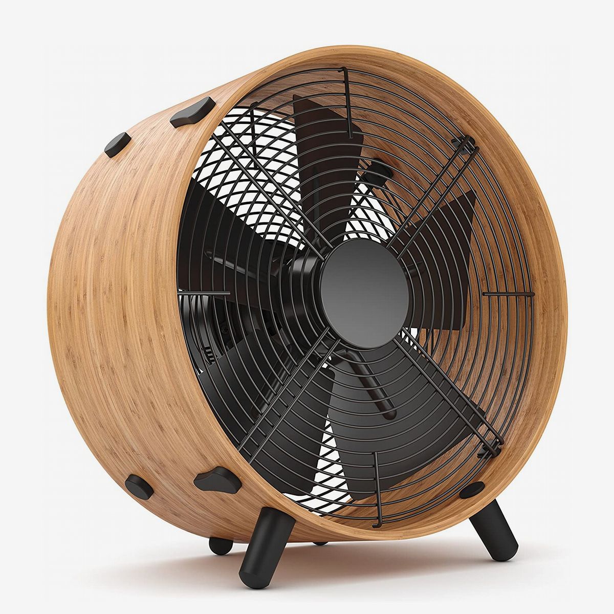 Round black fan with wooden frame. 
