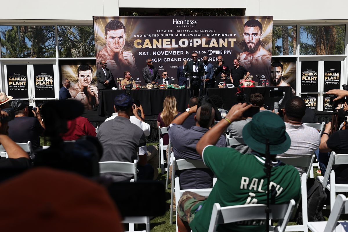 Caleb Plant during a press conference ahead of his super middleweight fight with Canelo Alvarez on November 6 at The Beverly Hilton on September 21, 2021 in Beverly Hills, California.