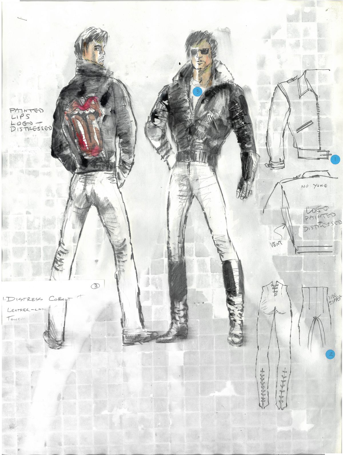 William Ivey Long’s original sketch for Mick Jagger’s blue leather jacket featuring the handpainted Stones logo on the back, which was then “distressed” with sandpaper. | COURTESY WILLIAM IVEY LONG STUDIO