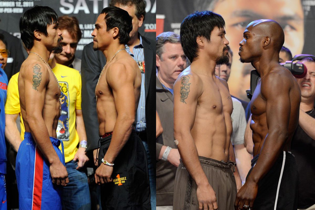 One way or the other, Manny Pacquiao will be face-to-face with a familiar foe on December 8. (Photos by Ethan Miller and Kevork Djansezian/Getty Images)
