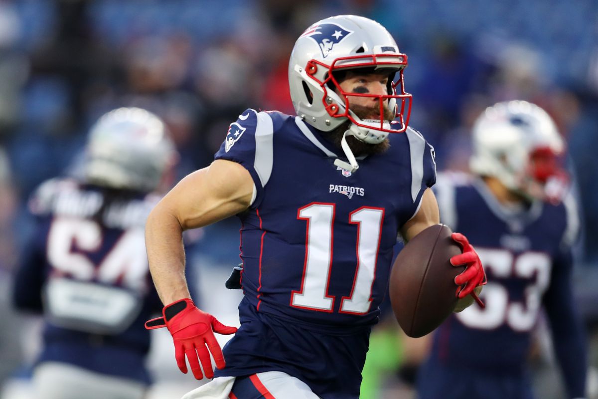 Julian Edelman of the New England Patriots warms up before the game against the Buffalo Bills at Gillette Stadium on December 21, 2019 in Foxborough, Massachusetts.
