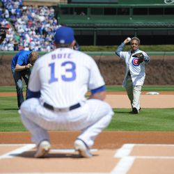 Mayor-elect Lori Lightfoot throwing a ceremonial first pitch. | Victor Hilitski/For the Sun-Times