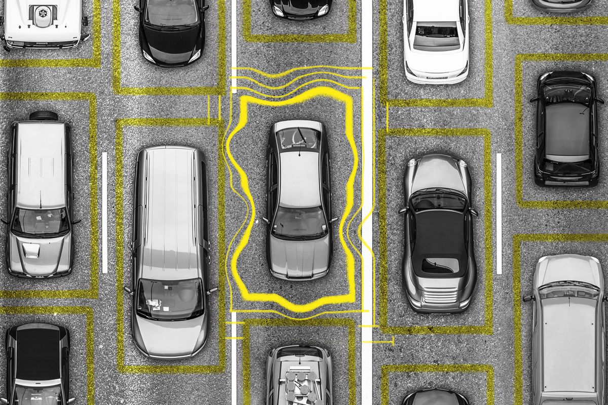 Drawing of cars in traffic seen from above, with a jagged line surrounding the central car.