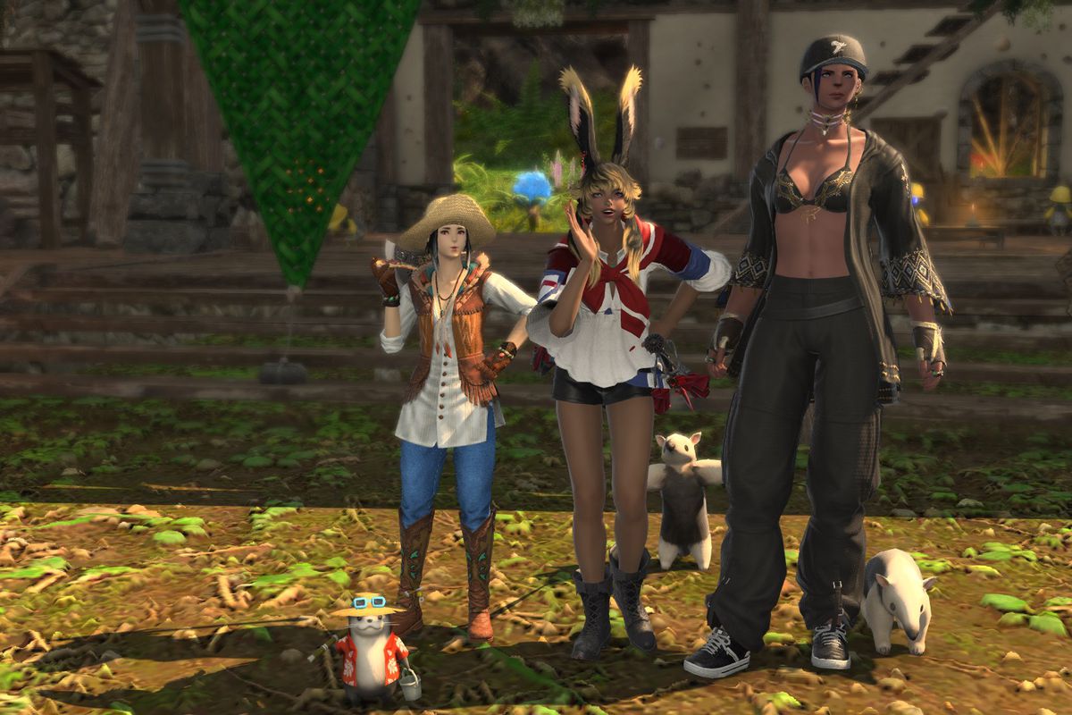A female Hyur, Viera, and Roegadyn stand next to each other in the Island Sanctuary in FFXIV
