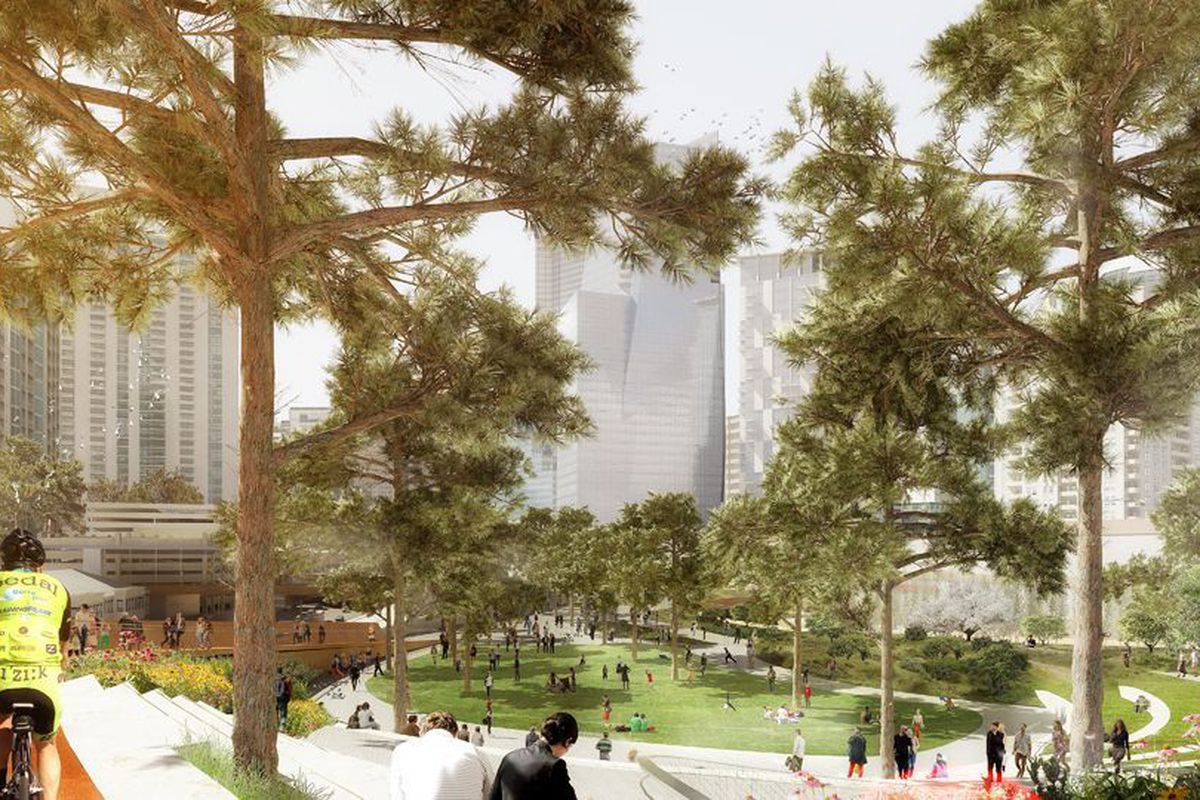 An early rendering illustrating the Buckhead highway-capping park’s recreational potential. 