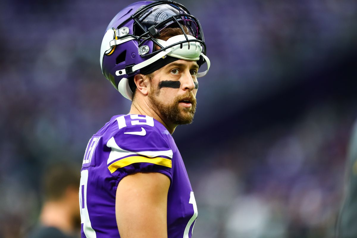 Minnesota Vikings wide receiver Adam Thielen looks on before the start of a game against the Philadelphia Eagles at U.S. Bank Stadium.