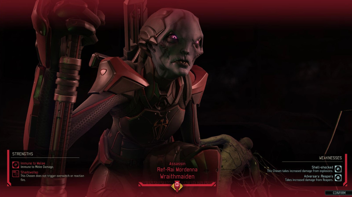 A gray-skinned alien crouches with a sword in her hand.