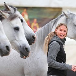 Rider-trainer Elise Verdoncq works with a group of Arabian horses as the Cavalia Odysseo show prepares to open in Sandy Friday, April 15, 2016.