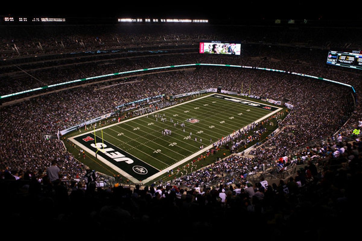 EAST RUTHERFORD NJ - AUGUST 16:  A general view of the New Meadowlands Stadium during a preseason game between the New York Jets and New York Giants on August 16 2010 in East Rutherford New Jersey.  (Photo by Andrew Burton/Getty Images)
