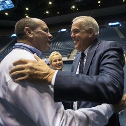 Steve and Karon Winn spend a few moments with former BYU head men's basketball coach Dave Rose after he announced his retirement at a news conference inside the Marriott Center at Brigham Young University on Tuesday, March 26, 2019.