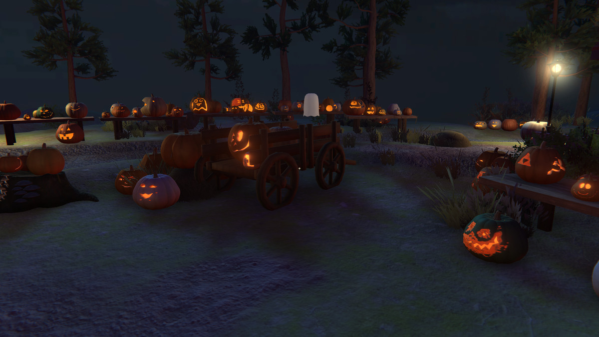 Jack-o-Lanterns lit up in a dark pumpkin festival