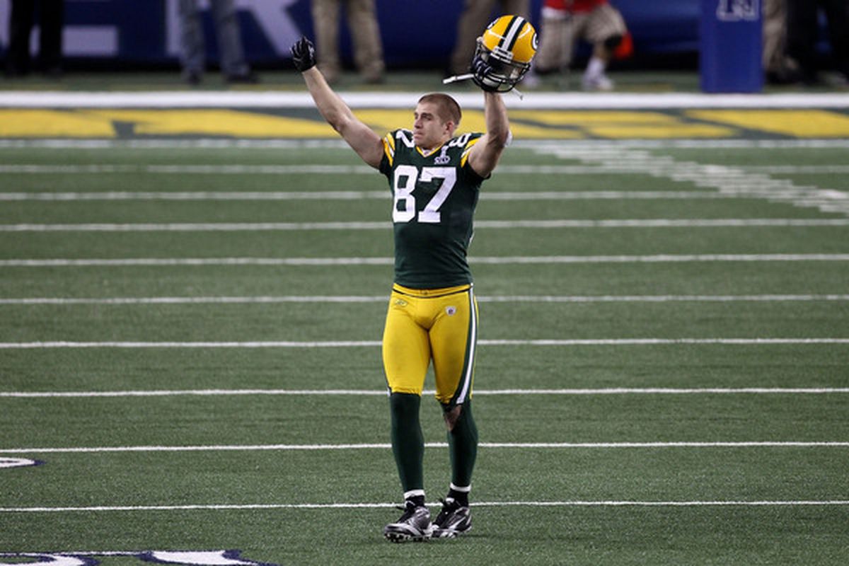 ARLINGTON TX - FEBRUARY 06: Jordy Nelson #87 of the Green Bay Packers celebrates after winning Super Bowl XLV against the Pittsburgh Steelers at Cowboys Stadium on February 6 2011 in Arlington Texas.  (Photo by Streeter Lecka/Getty Images)
