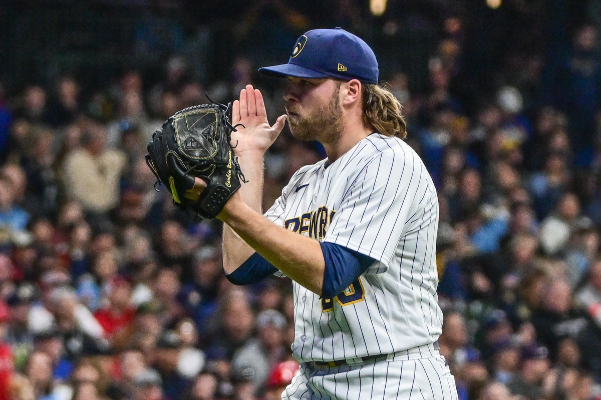 Milwaukee Brewers pitcher Corbin Burnes reacts after pitching out of a jam against the Los Angeles Angels in the fifth inning at American Family Field.