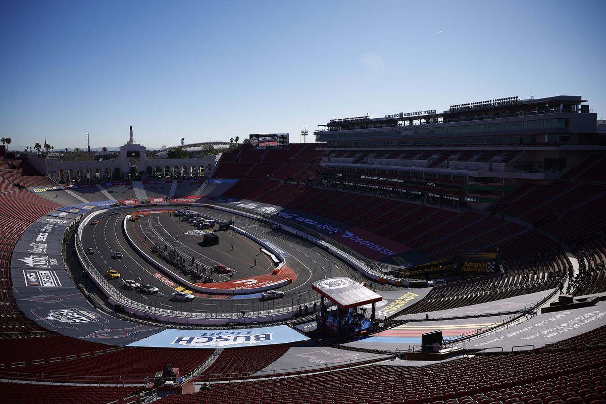 A general view during practice for the NASCAR Cup Series Busch Light Clash at Los Angeles Memorial Coliseum on February 05, 2022 in Los Angeles, California.