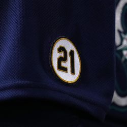  Sep 16, 2022; Anaheim, California, USA; A detailed view of the No. 21 patch to honor Roberto Clemente of the sleeve of Seattle Mariners first base coach Kristopher Negron during the game against the Los Ange