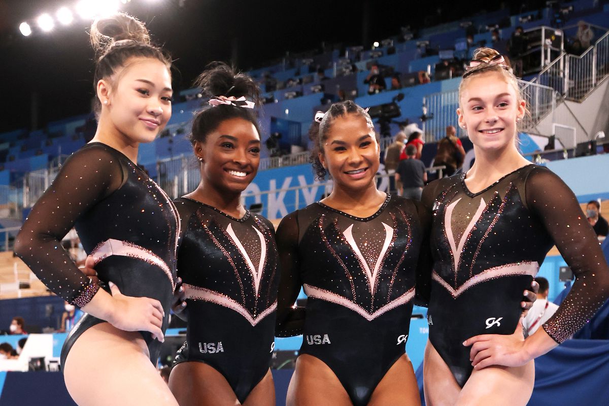 Sunisa Lee, Simone Biles, Jordan Chiles and Grace McCallum of Team United States pose for a picture during Women’s Podium Training ahead of the Tokyo 2020 Olympic Games at Ariake Gymnastics Centre on July 22, 2021 in Tokyo, Japan.