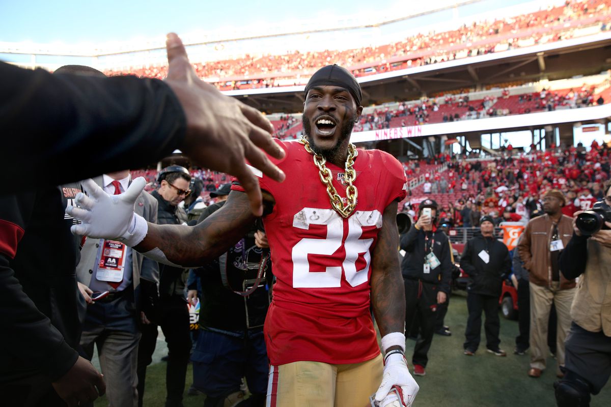 San Francisco 49ers running back Tevin Coleman celebrates after the 49ers defeated the Minnesota Vikings in a NFC Divisional Round playoff football game at Levi’s Stadium.&nbsp;