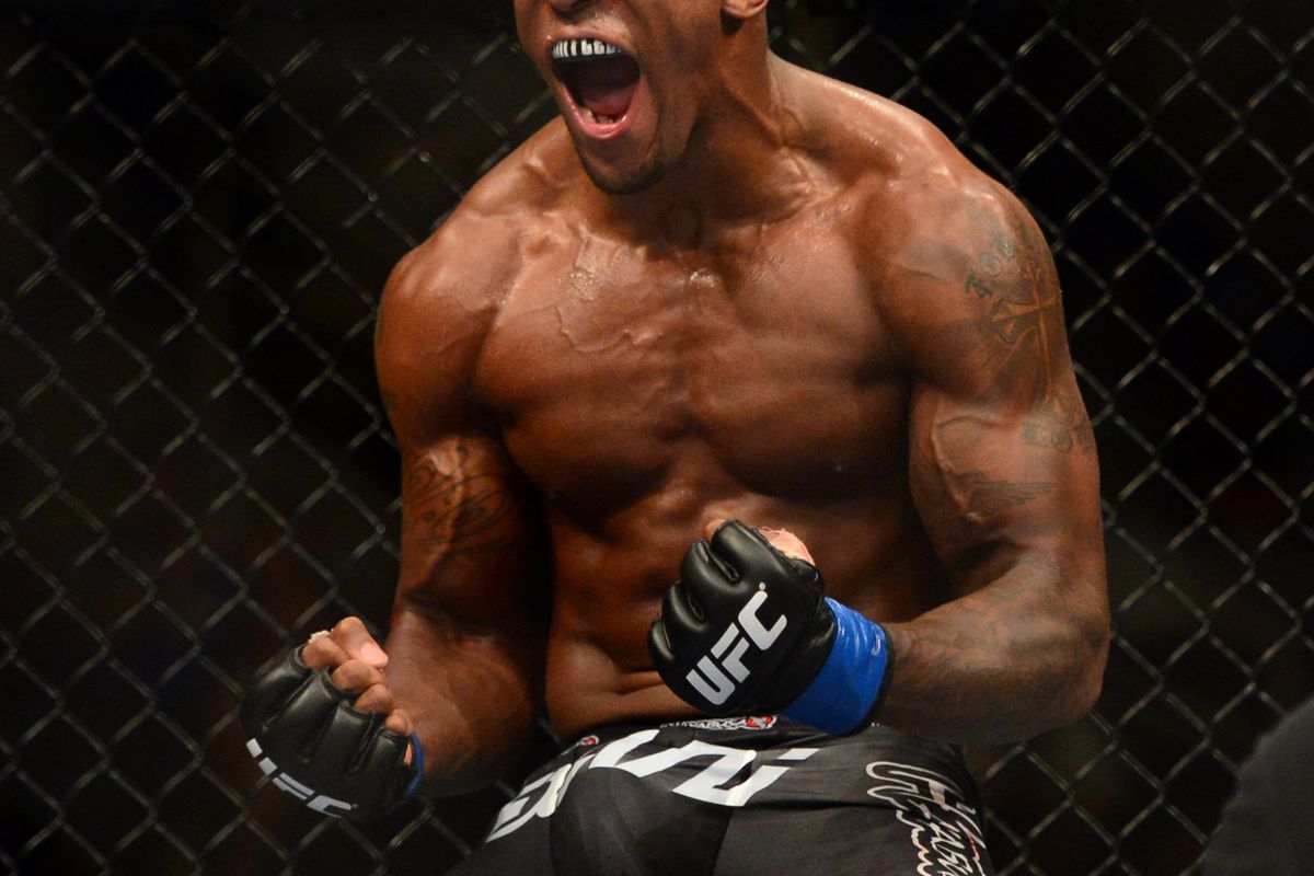 July 11, 2012; San Jose, CA, USA; Francis Carmont celebrates after defeating Karlos Vemola (not pictured) during the middleweight bout of the UFC on Fuel TV at HP Pavilion. Mandatory Credit: Kyle Terada-US PRESSWIRE