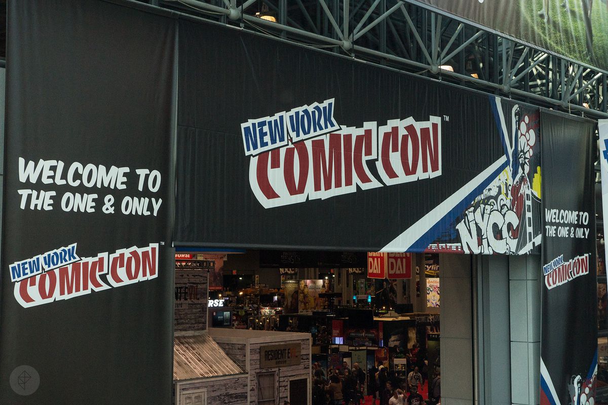 a convention photo shows a banner at New York Comic Con in 2016