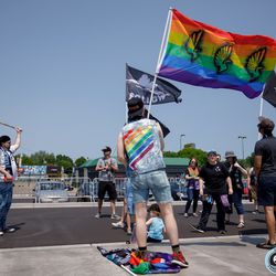 June 2, 2019 - Saint Paul, Minnesota, United States - Members of the Dark Clouds assemble on the North Lawn for a march to the stadium for the Minnesota United vs Philadelphia Union match at Allianz Field. 