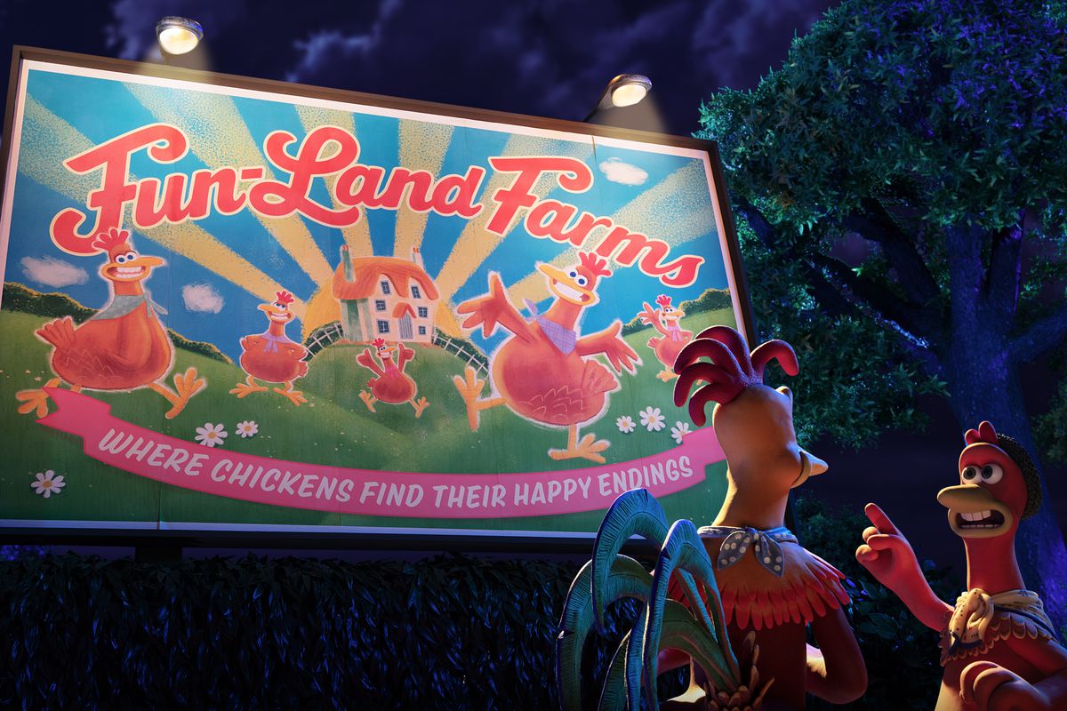 Two chickens in the film stand before a colorful sign for Fun-Land Farms. The sign reads: Fun-Land Farms: Where Chickens Find Their Happy Endings.