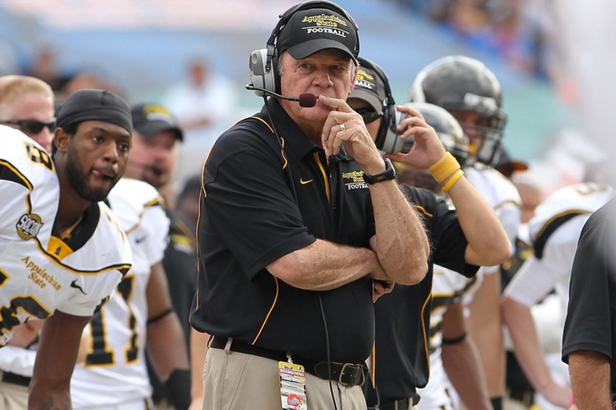 November 20, 2010; Gainesville FL, USA; Appalachian State Mountaineers head coach Jerry Moore during the second half of their game against the Florida Gators at Ben Hill Griffin Stadium. Florida Gators defeated Appalachian State Mountaineers 48-10. 