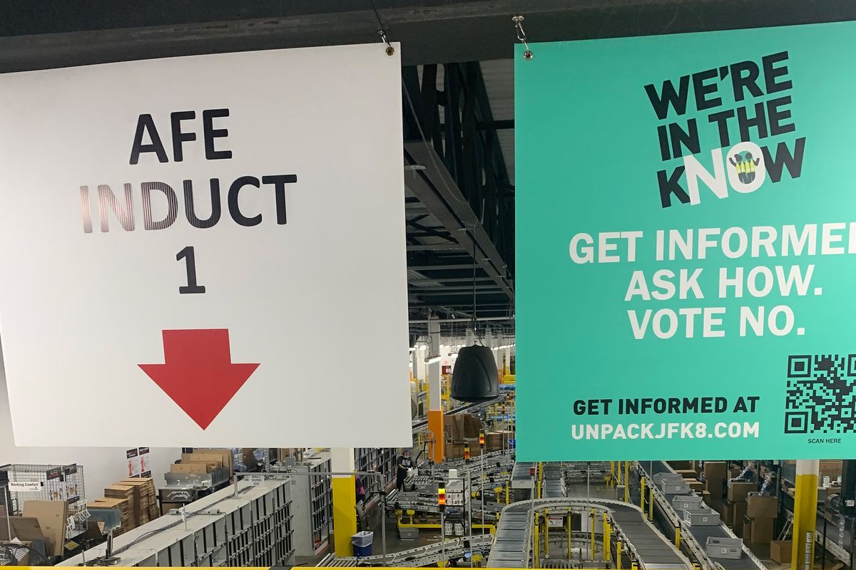 Amazon placed anti-union signs throughout a Staten Island fulfillment center.