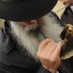 A Hasidic Jewish man blows a shofar, a ram's horn, as they perform the ritual of tashlikh on the first day of Rosh Hashana, the Jewish New Year, on the bank of River Danube in Budapest, Hungary, Monday, Oct. 3, 2016. By performing tashlikh, religious Jews get rid of their sins by symbolically throwing them into water at the beginning of the new year. (Zsolt Demecs/MTI via AP)