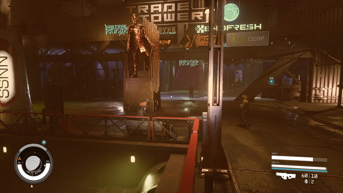 The player walks toward the Trade Tower in Starfield