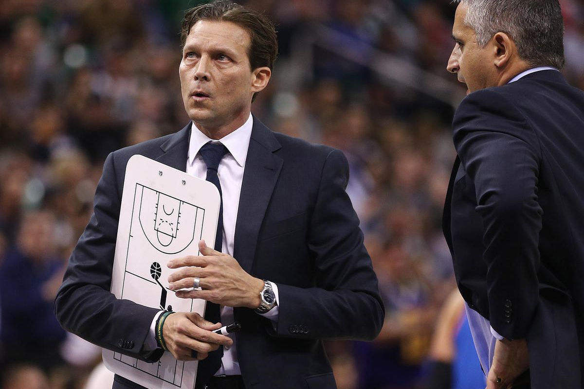 Utah Jazz head coach Quin Snyder looks into the stands at a timeout as the Jazz and the Thunder play at Vivint Smart Home arena in Salt Lake City on Wednesday, Dec. 14, 2016.