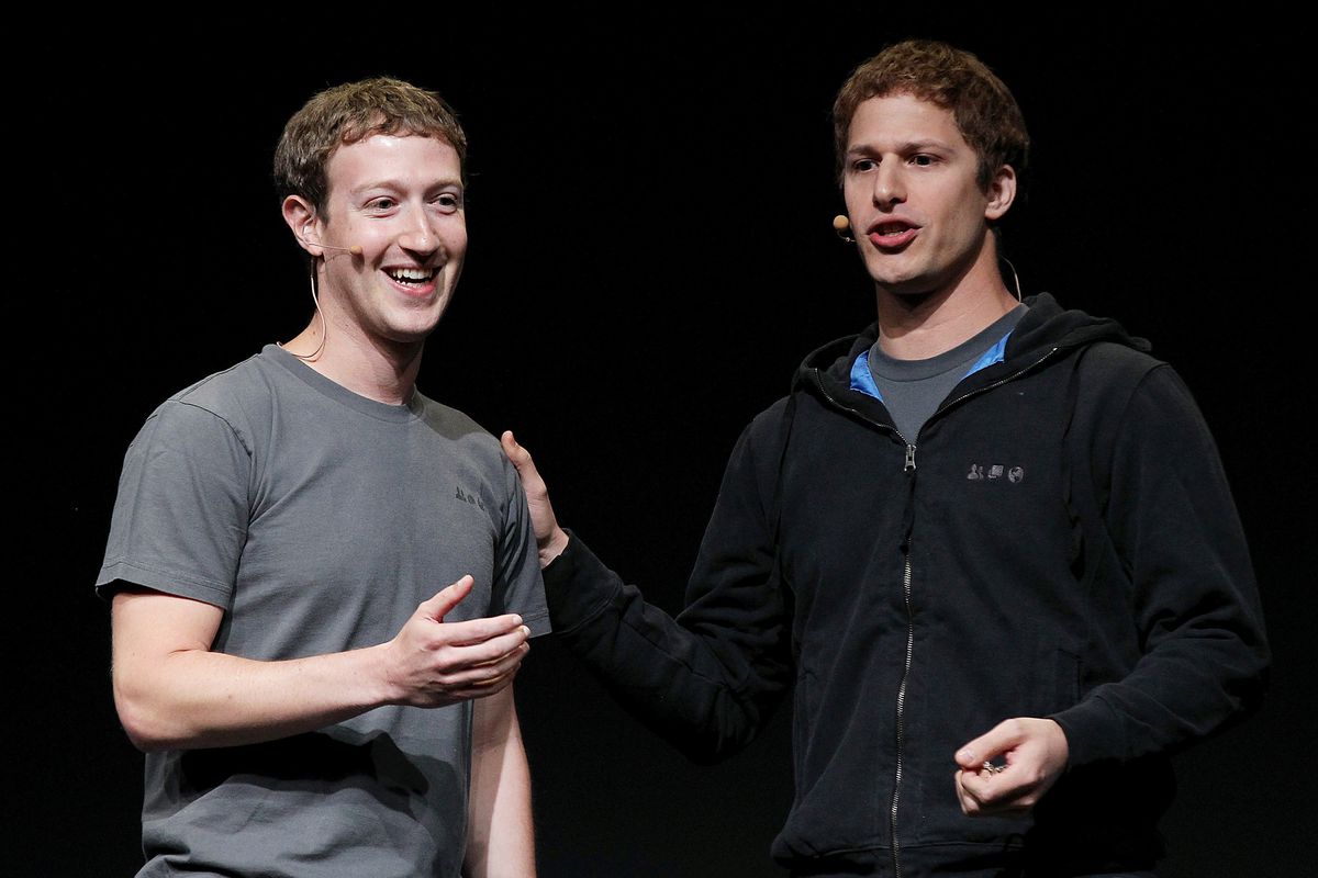 Facebook CEO Mark Zuckerberg and actor Andy Samberg pretending to be Mark Zuckerberg