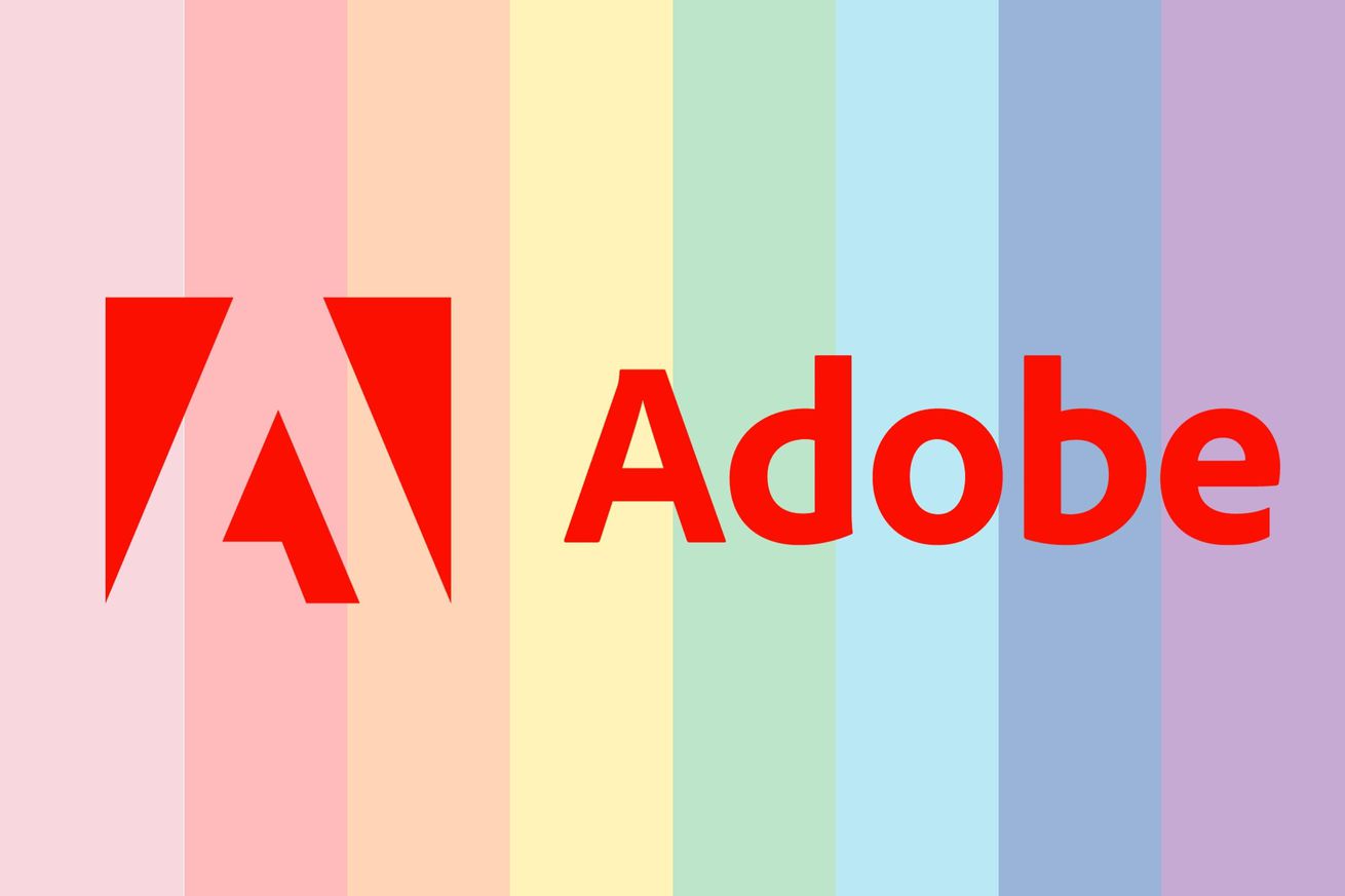 The Adobe logo against a pastel rainbow backdrop