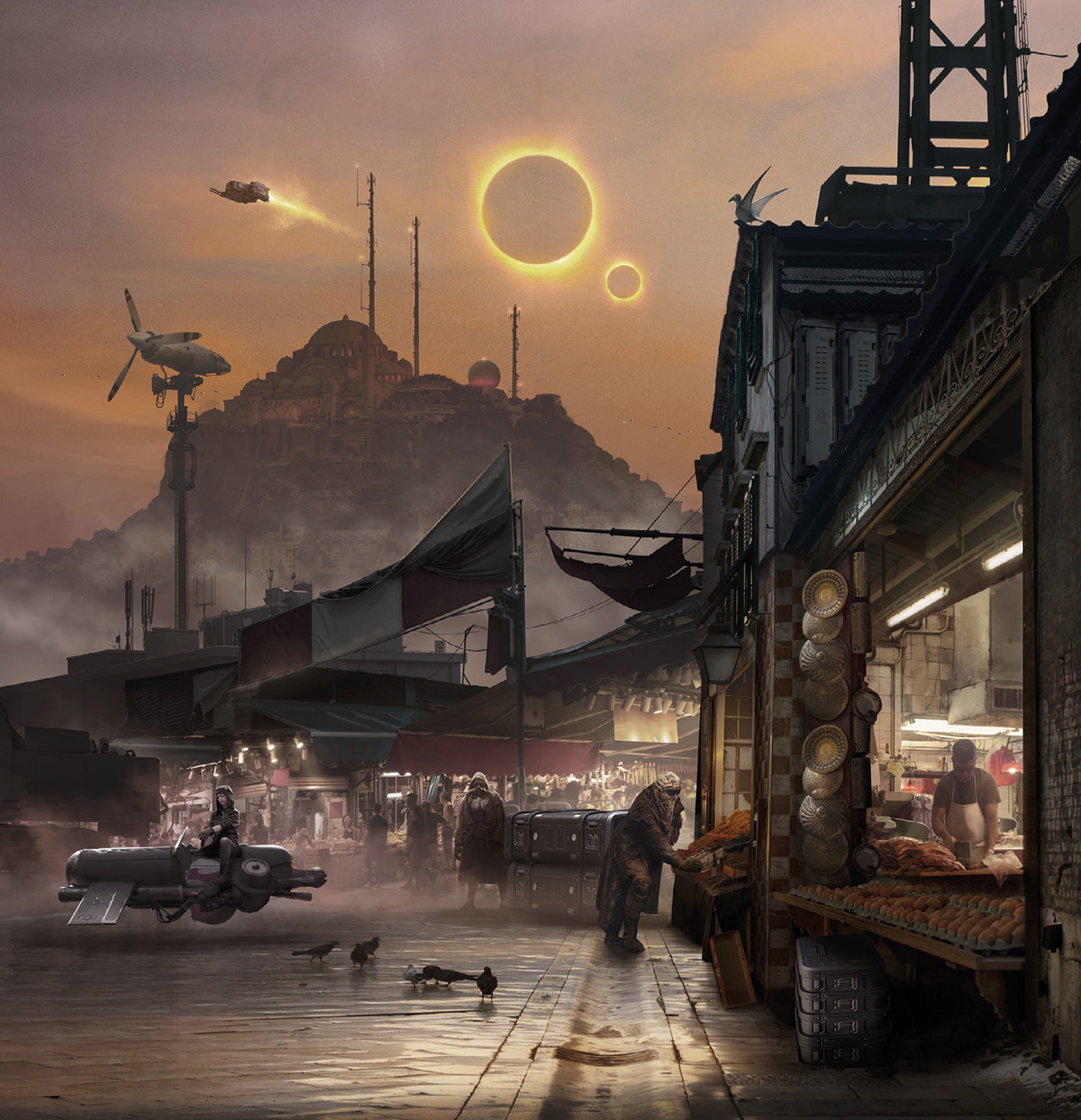 Ironsword: Starforged art depicting a sci-fi market under an alien sky